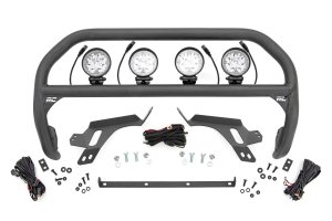 Ford Bronco Sport Nudge Bar - Rough Country - w/ Tow Hooks + 4 Inch Round LED (x4) - Black - '21-'24